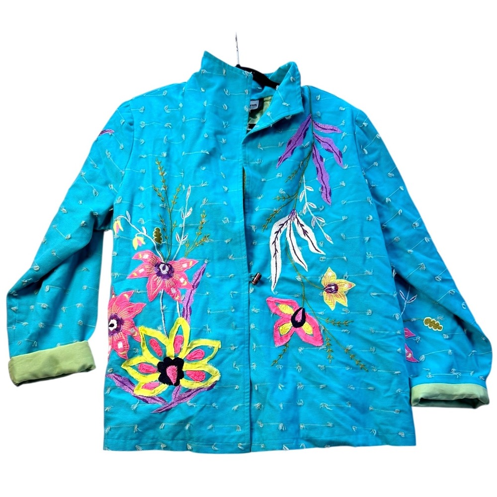 Indigo Moon Embroidered Floral Applique Jacket Bohemian Asian Inspired XL NWT‎